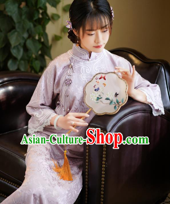Republic of China Classical Clothing Rich Lady Cheongsam Traditional Purple Silk Qipao Dress