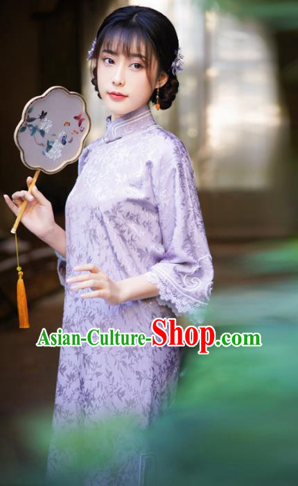 Republic of China Classical Clothing Rich Lady Cheongsam Traditional Purple Silk Qipao Dress