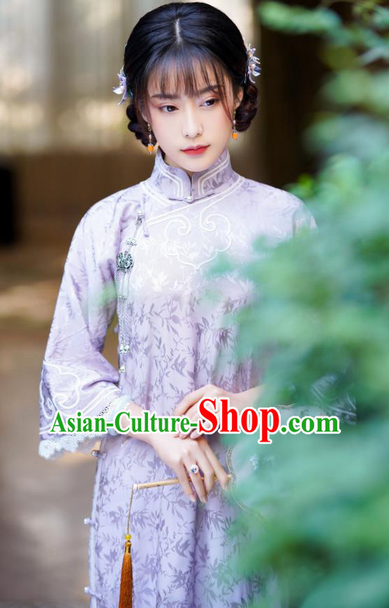 Republic of China Classical Clothing Rich Lady Cheongsam Traditional Purple Silk Qipao Dress