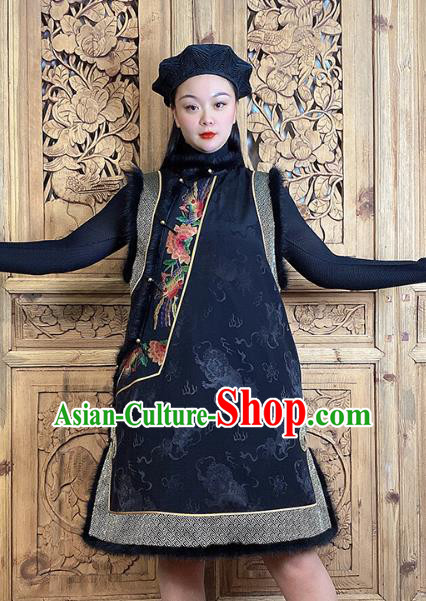 Chinese Cotton Wadded Waistcoat Traditional Tang Suit Clothing Woman Embroidered Black Silk Long Vest