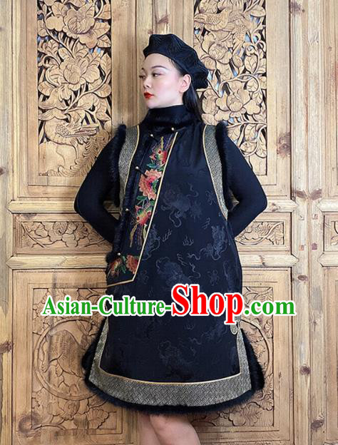 Chinese Cotton Wadded Waistcoat Traditional Tang Suit Clothing Woman Embroidered Black Silk Long Vest