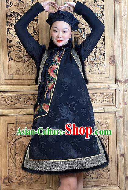 Chinese Cotton Wadded Waistcoat Traditional Tang Suit Clothing Woman Embroidered Black Silk Long Vest