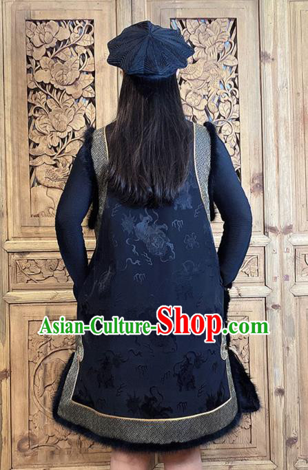 Chinese Cotton Wadded Waistcoat Traditional Tang Suit Clothing Woman Embroidered Black Silk Long Vest