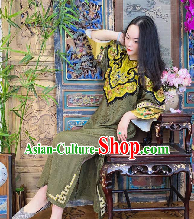 China Hand Embroidered Olive Green Silk Qipao Dress National Cheongsam Costume