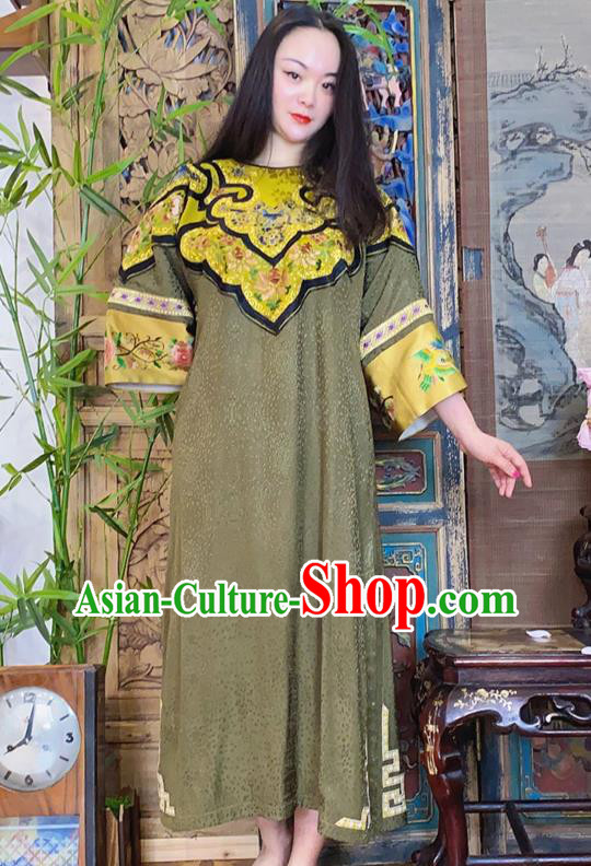 China Hand Embroidered Olive Green Silk Qipao Dress National Cheongsam Costume