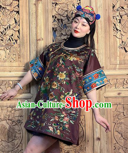 China National Ethnic Clothing Traditional Embroidered Flowers Bird Dark Purple Silk Dress