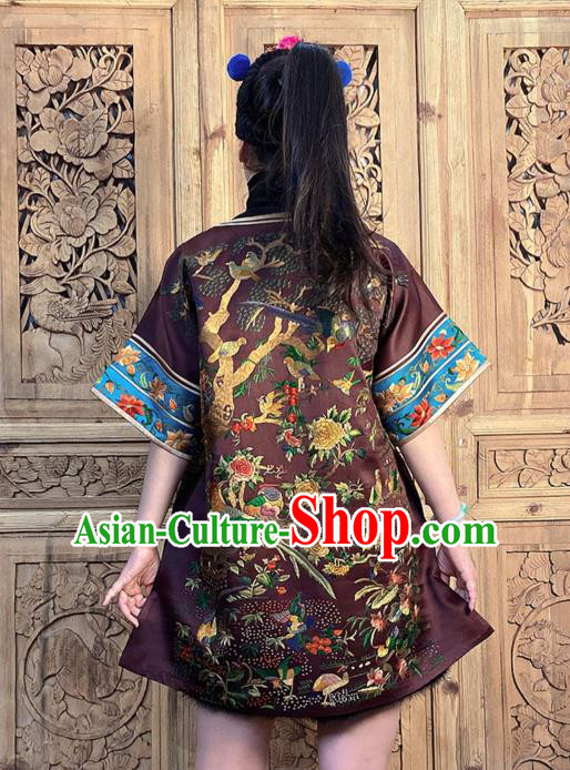 China National Ethnic Clothing Traditional Embroidered Flowers Bird Dark Purple Silk Dress