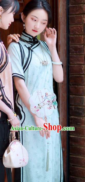 Republic of China Classical Rich Lady Cheongsam Traditional Light Blue Qipao Dress