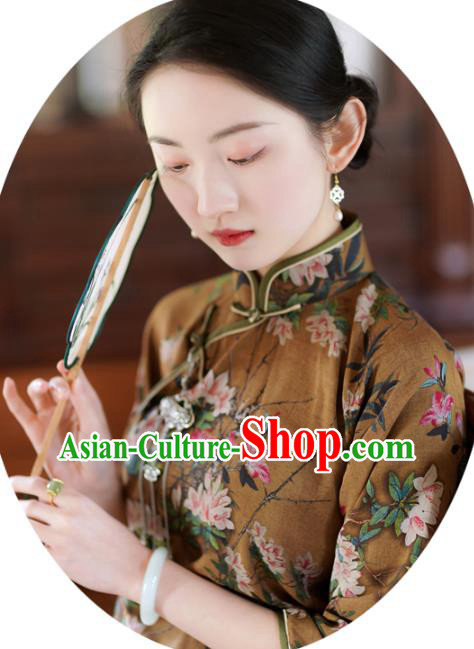 Republic of China Traditional Printing Flowers Deep Brown Qipao Dress Classical Young Beauty Cheongsam