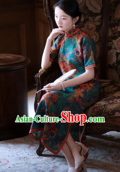 Republic of China Young Mistress Cheongsam Traditional Printing Blue Qipao Dress Clothing