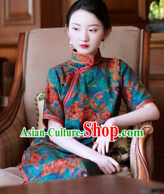 Republic of China Young Mistress Cheongsam Traditional Printing Blue Qipao Dress Clothing
