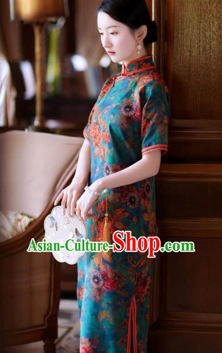 Republic of China Young Mistress Cheongsam Traditional Printing Blue Qipao Dress Clothing