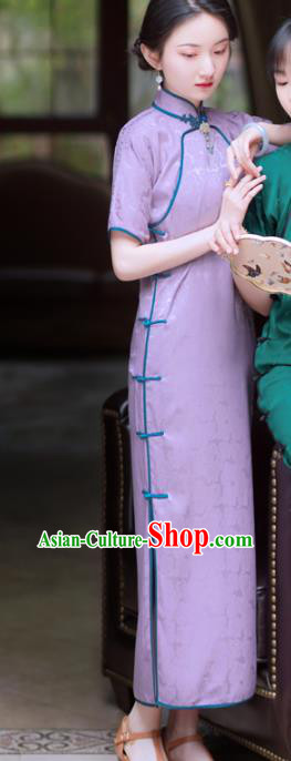 China Traditional Young Lady Lilac Silk Qipao Dress Classical Dance Cheongsam Clothing