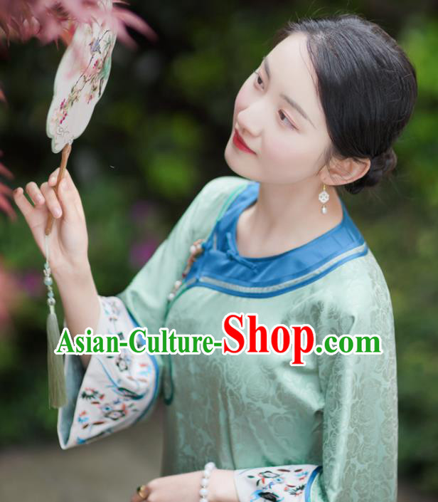 China Classical Wide Sleeve Cheongsam Clothing Traditional Embroidered Light Green Silk Qipao Dress