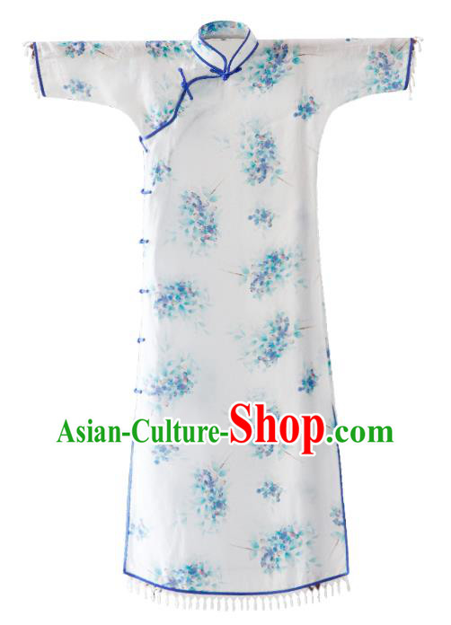 China Classical Cheongsam Clothing Traditional Printing White Qipao Dress for Rich Lady