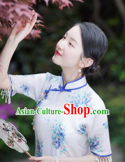 China Classical Cheongsam Clothing Traditional Printing White Qipao Dress for Rich Lady