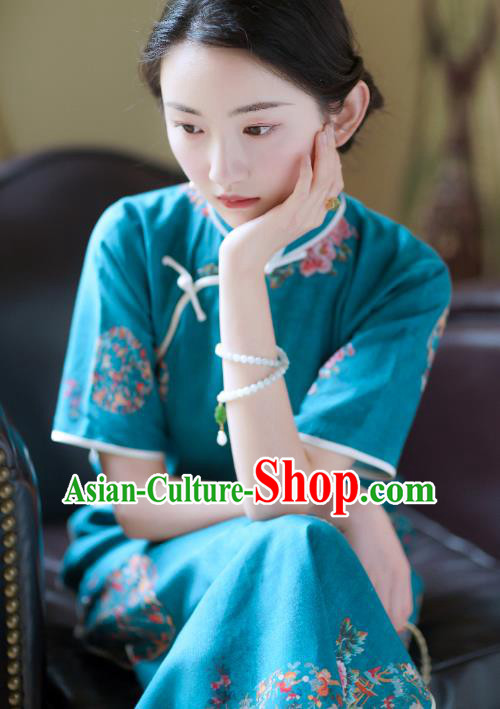 China Classical Stand Collar Cheongsam Clothing Traditional Printing Flowers Blue Flax Qipao Dress