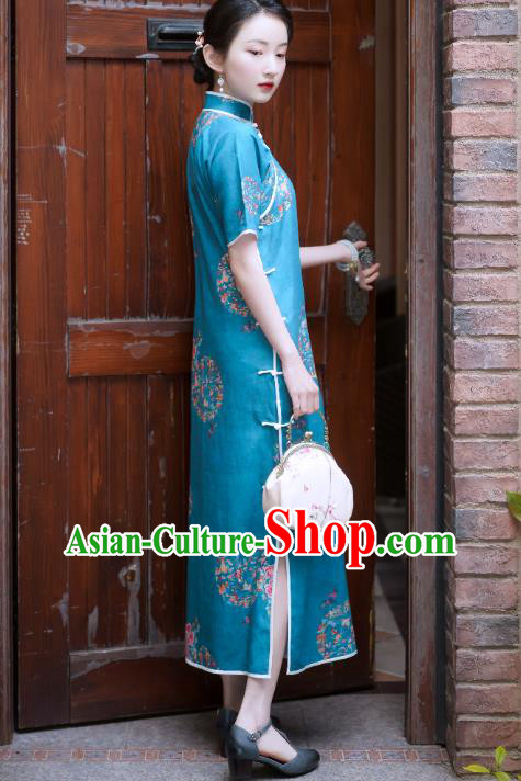 China Classical Stand Collar Cheongsam Clothing Traditional Printing Flowers Blue Flax Qipao Dress