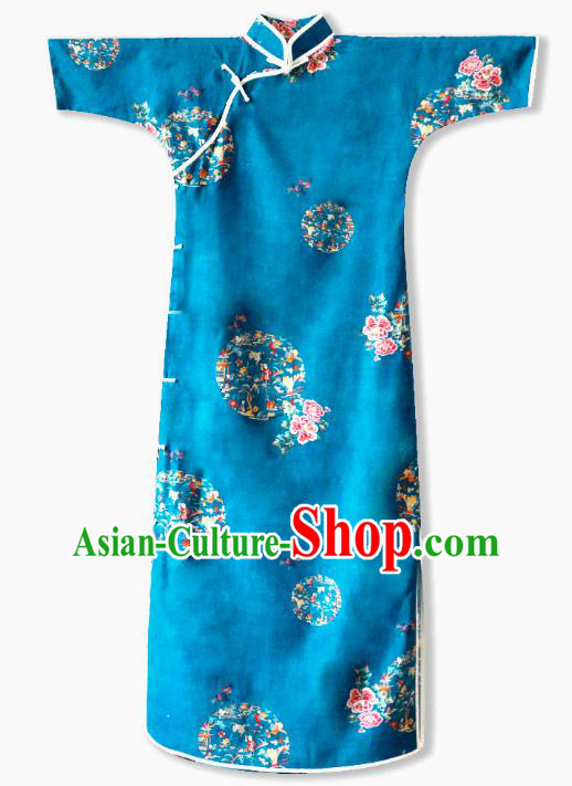 China Classical Stand Collar Cheongsam Clothing Traditional Printing Flowers Blue Flax Qipao Dress