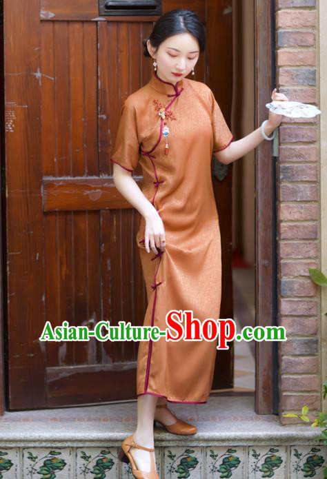 Republic of China Classical Cheongsam Traditional Young Lady Orange Silk Qipao Dress