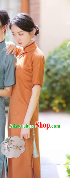 Republic of China Classical Cheongsam Traditional Young Lady Orange Silk Qipao Dress