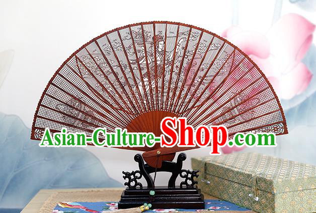 Chinese Classical Accordion Rosewood Carving Flower Fairy Fan Handmade Hollow Folding Fan