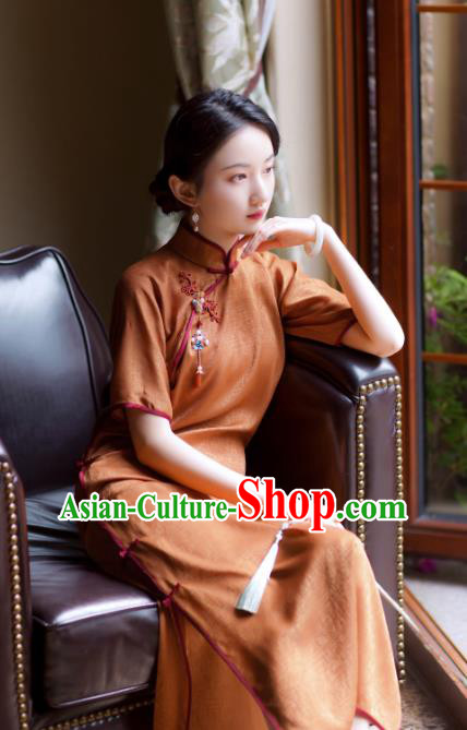Republic of China Classical Cheongsam Traditional Young Lady Orange Silk Qipao Dress
