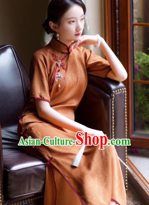 Republic of China Classical Cheongsam Traditional Young Lady Orange Silk Qipao Dress