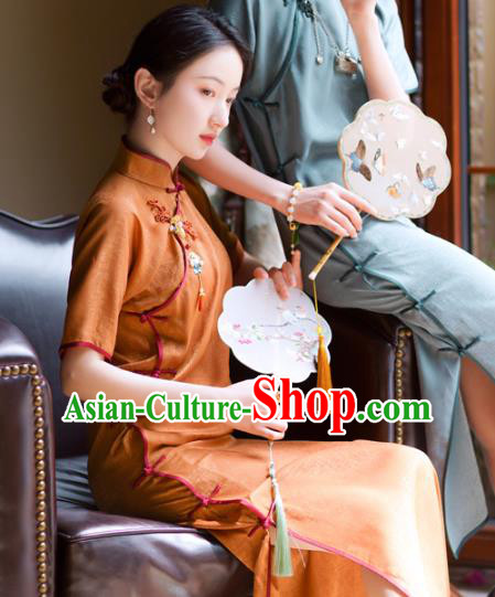 Republic of China Classical Cheongsam Traditional Young Lady Orange Silk Qipao Dress