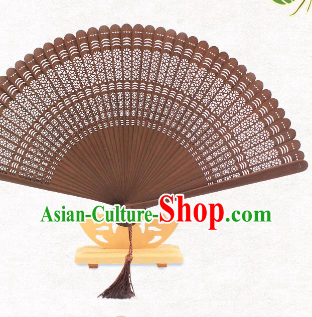 Chinese Carving Fan Classical Accordion Handmade Hollow Brown Bamboo Folding Fan