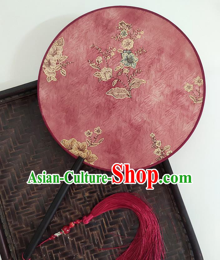 China Classical Wedding Fan Handmade Circular Fan Printing Flowers Red Silk Fan