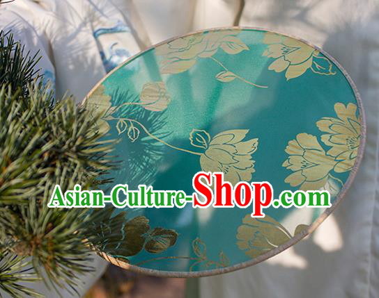 China Classical Dance Circular Fan Handmade Printing Peony Green Silk Fan Traditional Hanfu Fan