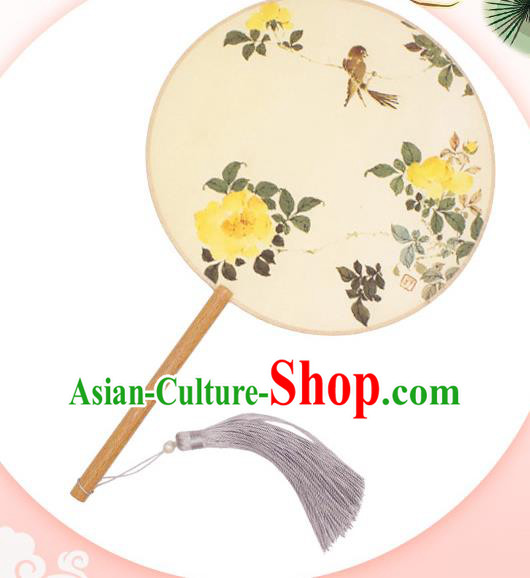 China Classical Circular Fan Handmade Printing Peony Bird Beige Silk Fan Traditional Palace Fan