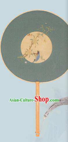 China Classical Dance Fan Handmade Printing Blue Silk Circular Fan Traditional Palace Fan