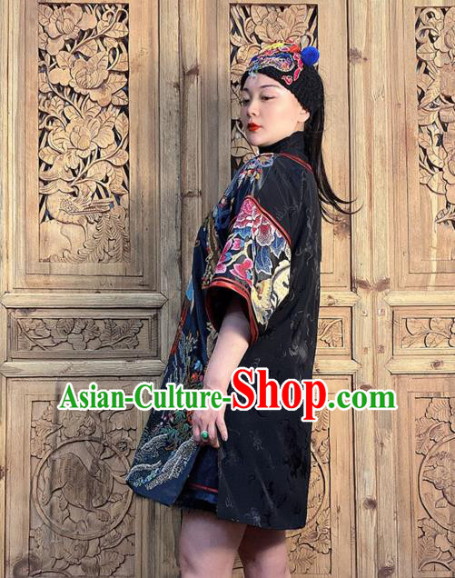 China Hand Embroidery Crane Peony Black Silk Dress National Ethnic Embroidered Costume