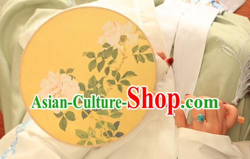 China Traditional Printing Camellia Palace Fan Classical Dance Fan Handmade Yellow Silk Circular Fan
