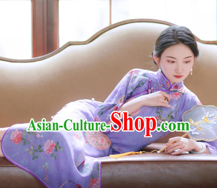 Republic of China Classical Printing Flowers Cheongsam Traditional Young Lady Violet Qipao Dress