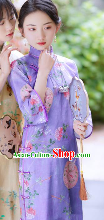 Republic of China Classical Printing Flowers Cheongsam Traditional Young Lady Violet Qipao Dress