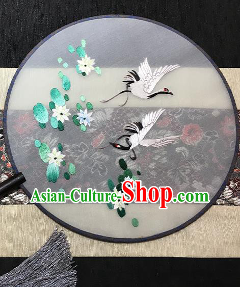 China Traditional Embroidered Crane Lotus Palace Fan Classical Dance Silk Fan Handmade Circular Fan