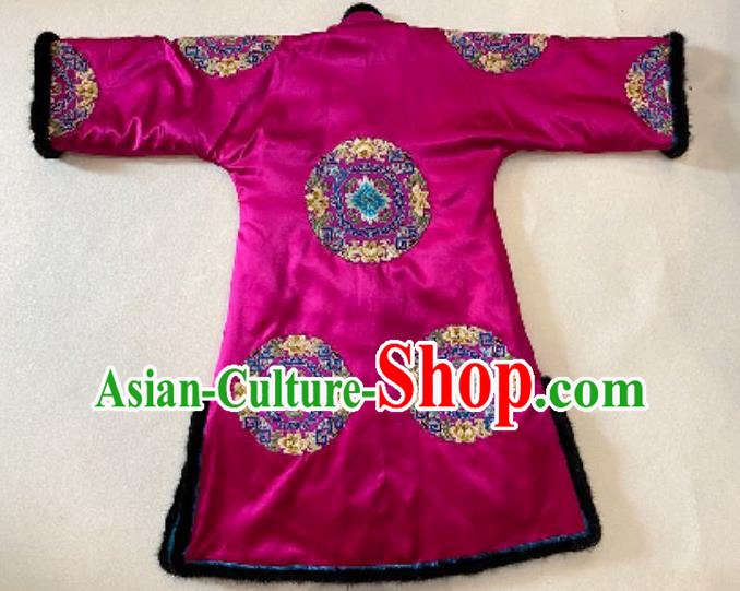 Chinese Winter Outer Garment Cotton Wadded Coat National Costume Embroidered Rosy Silk Dust Coat