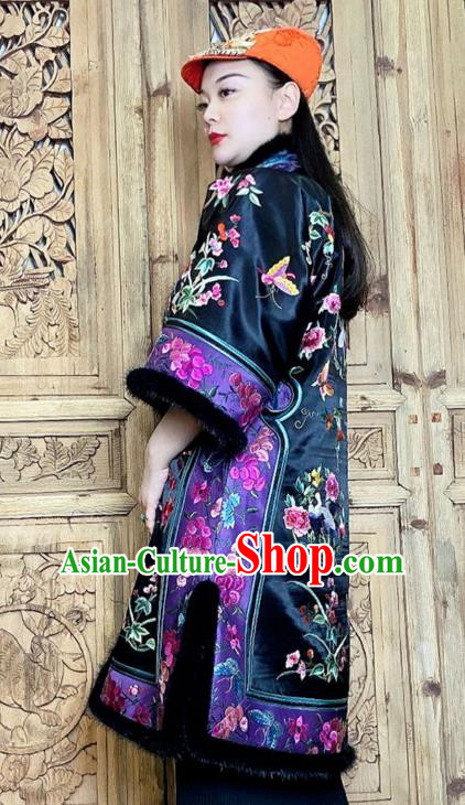 Chinese Traditional Tang Suit Black Silk Clothing Woman Embroidered Peony Butterfly Cotton Wadded Coat