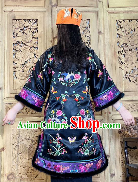 Chinese Traditional Tang Suit Black Silk Clothing Woman Embroidered Peony Butterfly Cotton Wadded Coat