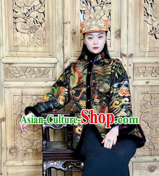 Chinese Traditional Embroidered Black Silk Clothing Woman Embroidered Phoenix Cotton Wadded Jacket