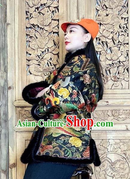 Chinese Traditional Embroidered Black Silk Clothing Woman Embroidered Phoenix Cotton Wadded Jacket