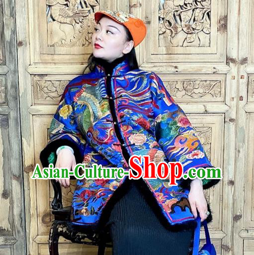Chinese Woman Embroidered Phoenix Cotton Wadded Coat Traditional Tang Suit Blue Silk Clothing