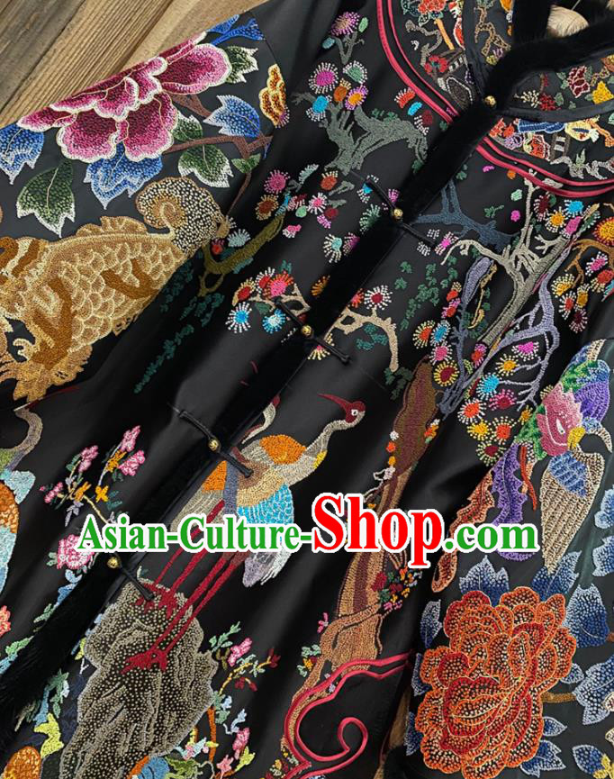 Chinese Traditional Winter Embroidered Clothing Embroidered Black Silk Cotton Wadded Coat