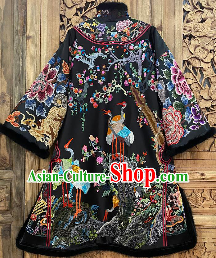 Chinese Traditional Winter Embroidered Clothing Embroidered Black Silk Cotton Wadded Coat