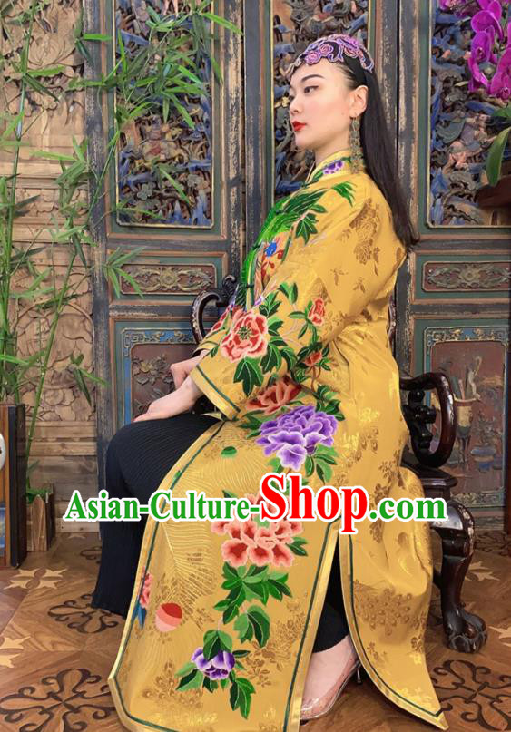 Chinese Traditional Embroidered Long Gown Clothing Embroidered Peacock Peony Yellow Silk Dust Coat