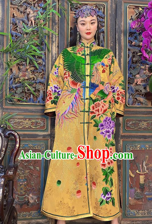 Chinese Traditional Embroidered Long Gown Clothing Embroidered Peacock Peony Yellow Silk Dust Coat