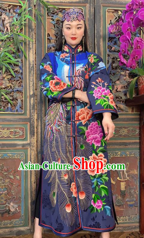 Chinese Embroidered Peacock Peony Navy Silk Dust Coat Traditional Embroidered Long Gown Clothing